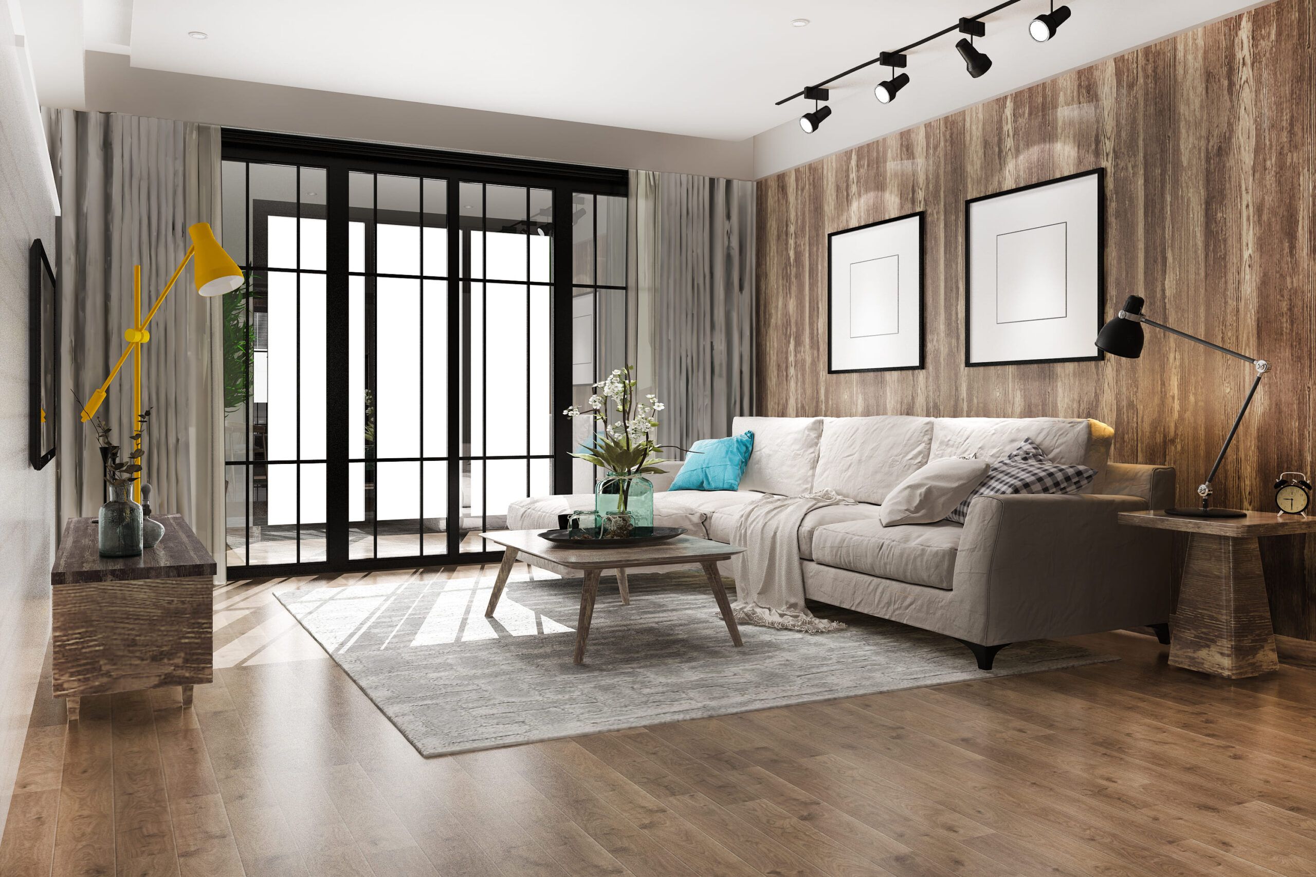 3d Rendering Loft Luxury Living Room With Bookshelf (1)